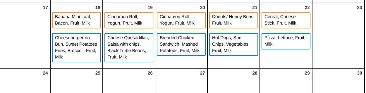 Weekly Breakfast & Lunch Menus: October 18th - 22nd