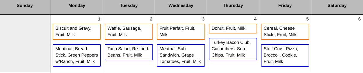 Weekly Breakfast & Lunch Menus: November 1st - 5th