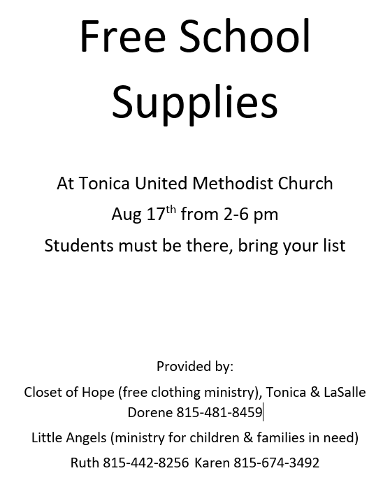 Lostant CUSD 425 August 17, 2022 Free School Supplies at Tonica